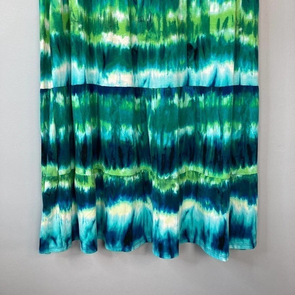CHICO'S Bright Green Blue Striped Tie Dye Tiered Maxi Skirt Elastic Waist Size S - Picture 6 of 12
